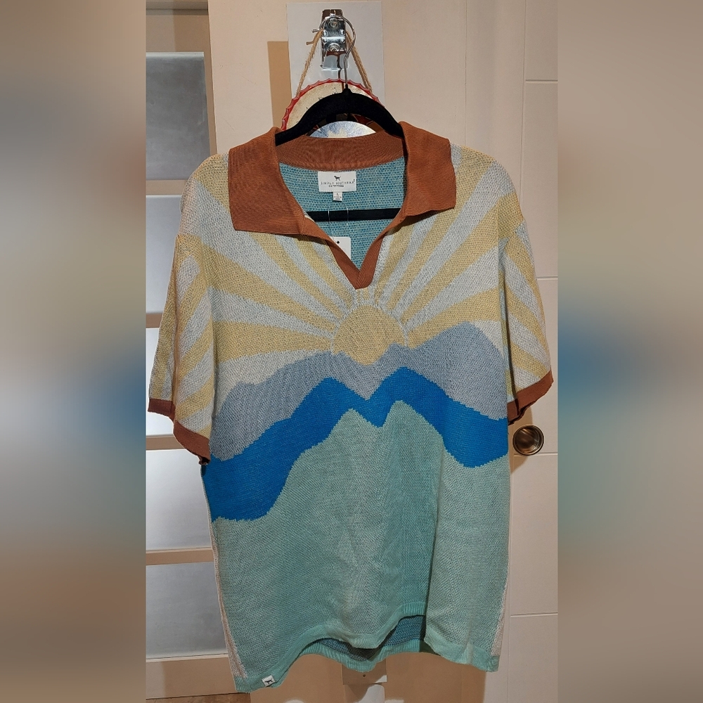 Simple Men's Sunrise Motif V-Neck Sweater — Blue, Teal & Brown